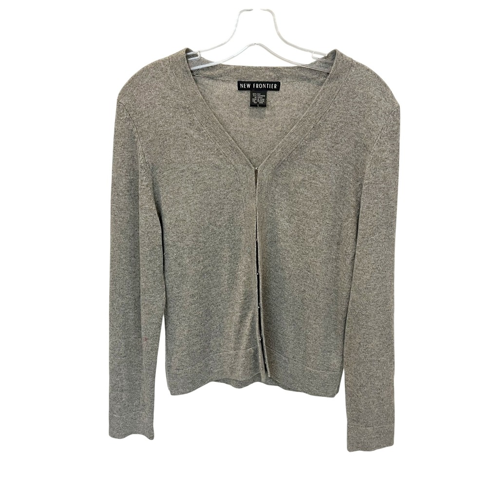 Vintage New Frontier Silk Cashmere Cardigan Sweater Gray V-Neck - Size Large
